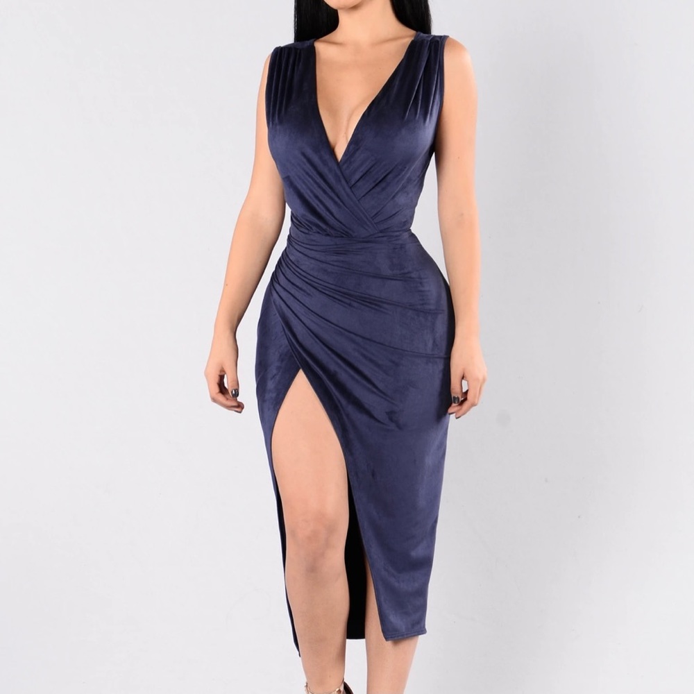 Deep V Navy Dress with Slit